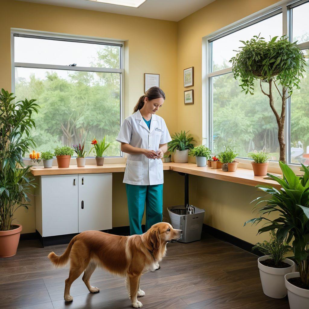 A serene veterinary clinic showcasing a diverse range of animals including a dog, cat, and parrot, surrounded by healthy food options like fruits and vegetables. Include a caring veterinarian interacting gently with the animals, emphasizing holistic healing methods such as acupuncture and massage therapy in a warm, inviting environment. Soft natural light filtering through windows, lush greenery in the background. super-realistic. vibrant colors. calming atmosphere.
