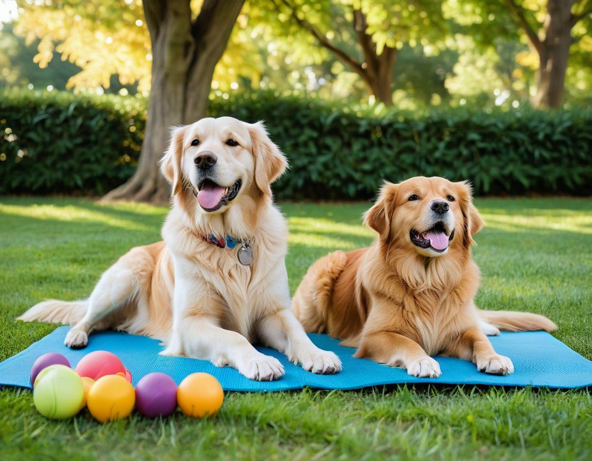 A joyful dog and a playful cat engaging in various wellness activities like yoga and meditation in a serene park setting. Surround them with colorful toys, healthy treats, and a vibrant tree canopy overhead, symbolizing health and vitality. Include a soft sunlight effect highlighting their happiness. super-realistic. vibrant colors. nature background.